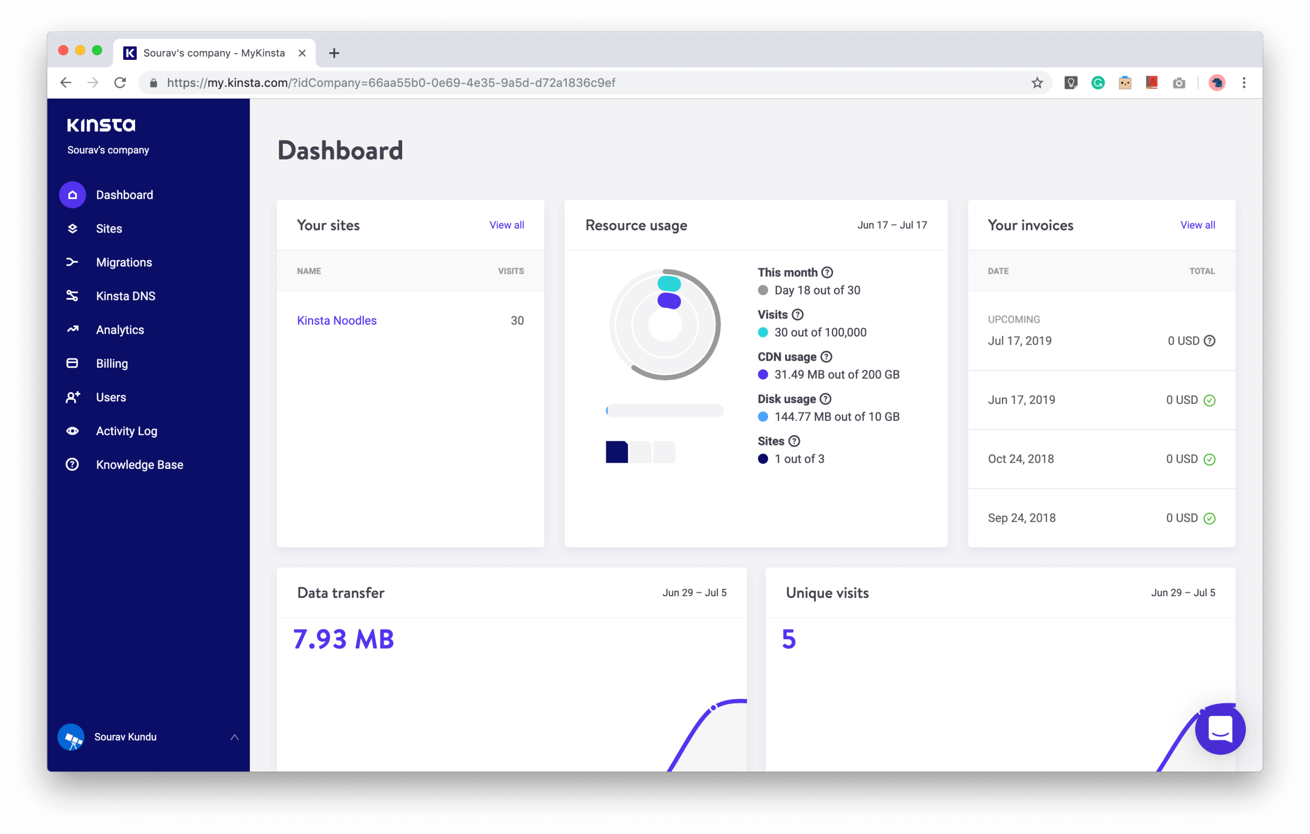 Kinsta dashboard