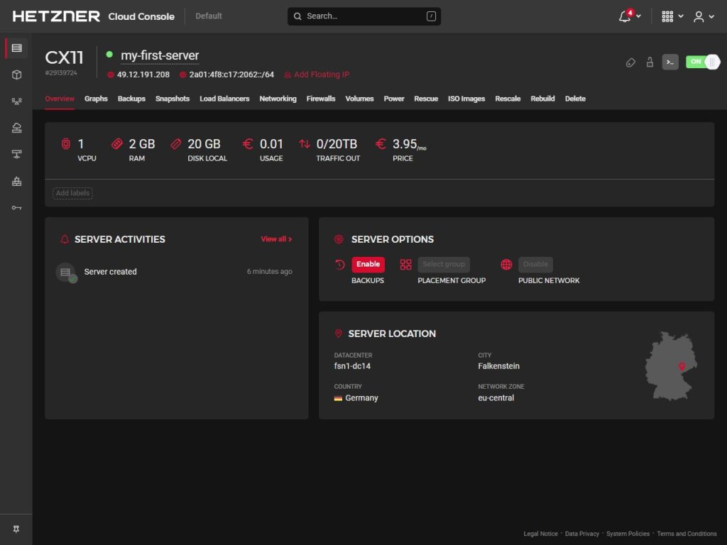 Hetzner dashboard