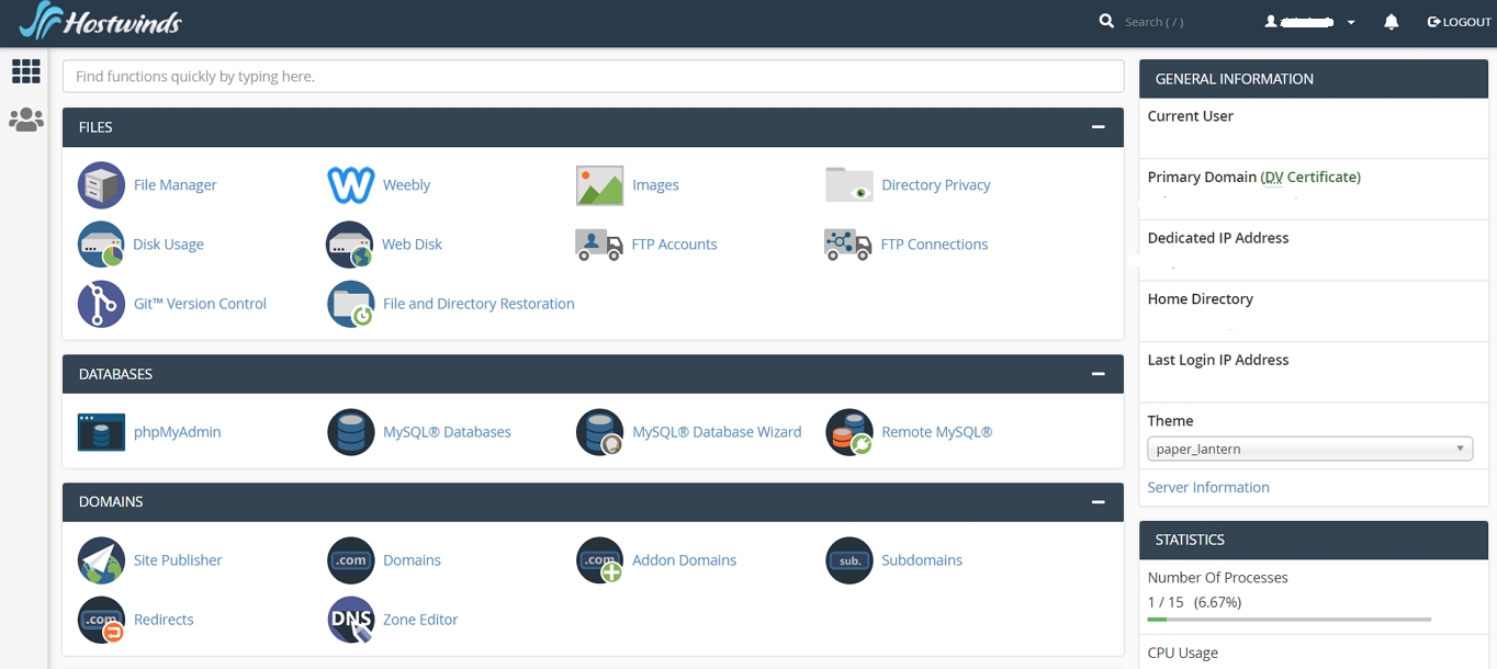 Hostwinds dashboard