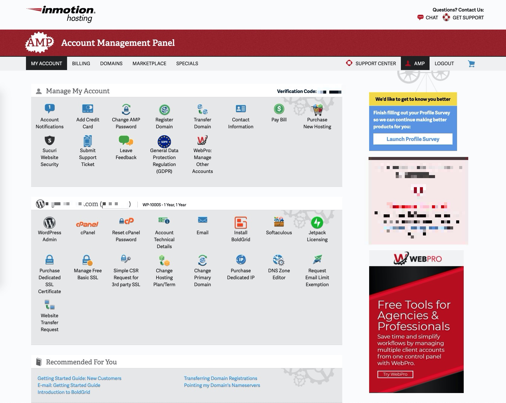Inmotion Hosting dashboard