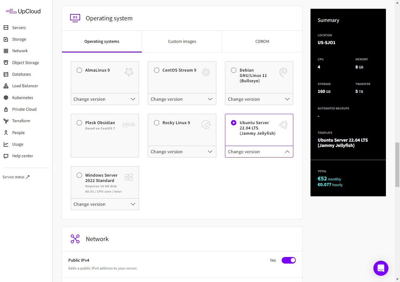 Upcloud dashboard
