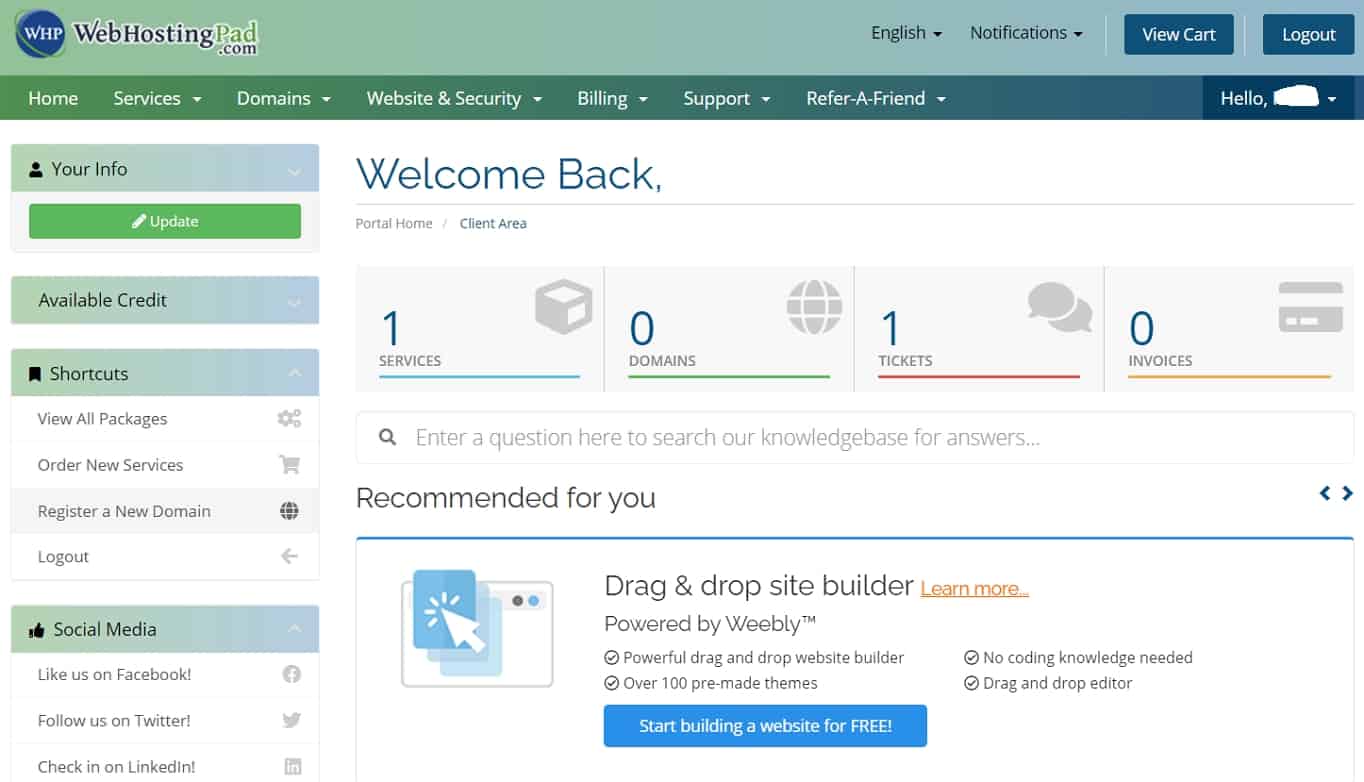 Webhostingpad dashboard