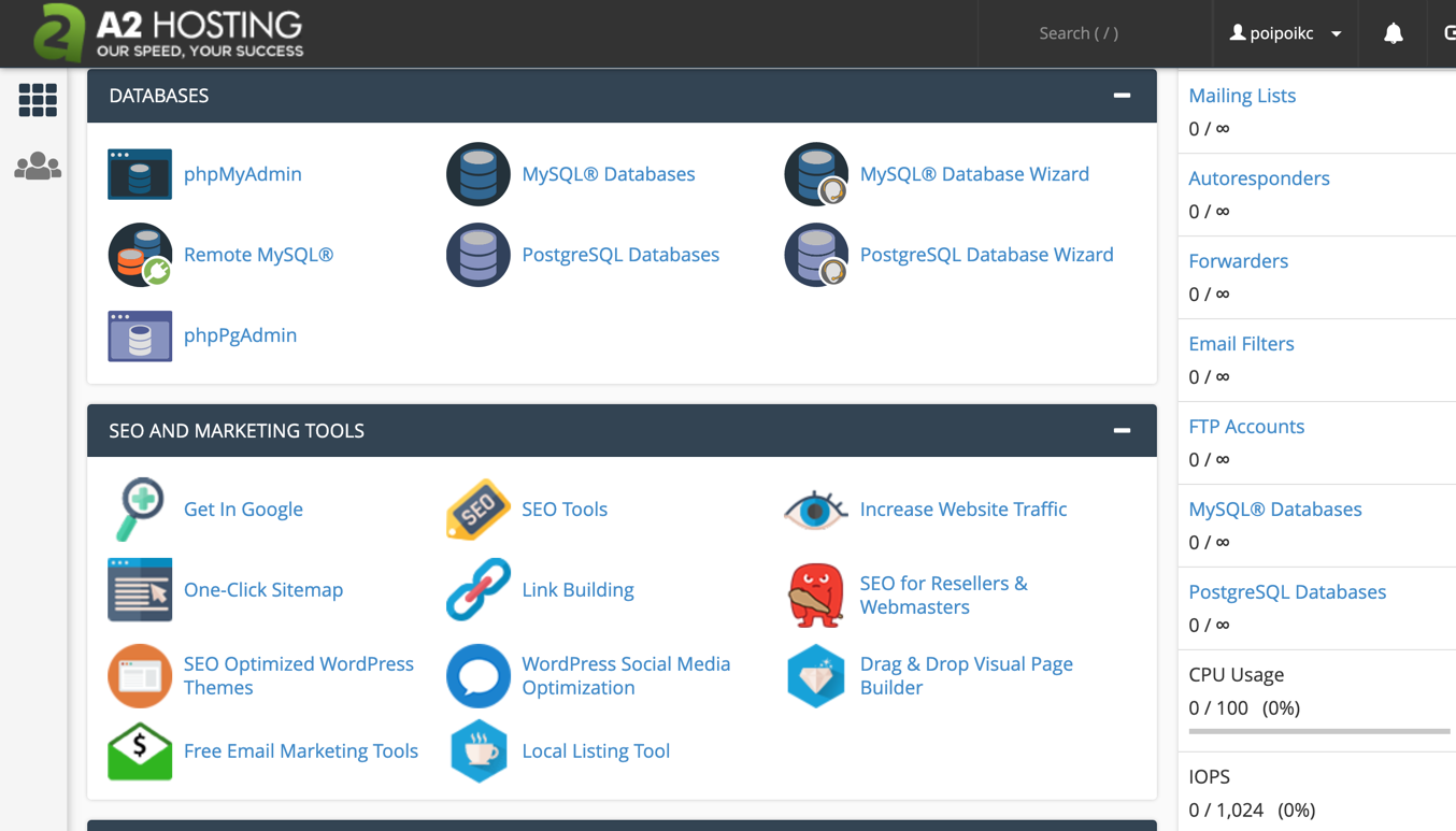 A2 Hosting dashboard