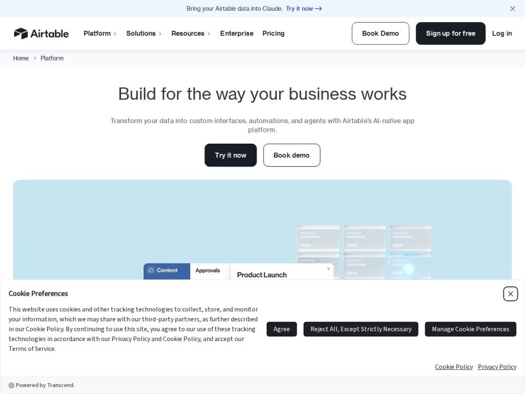 Airtable’s platform page — positioning bases as full internal apps