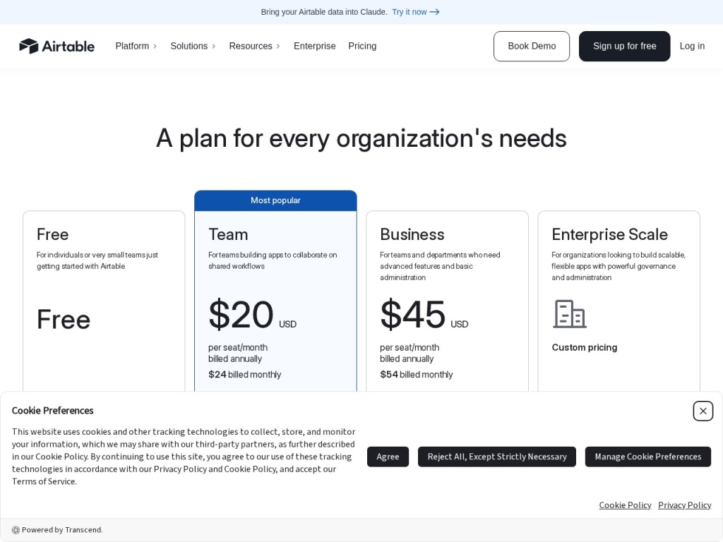 Airtable’s pricing page — seats plus per-base record ceilings