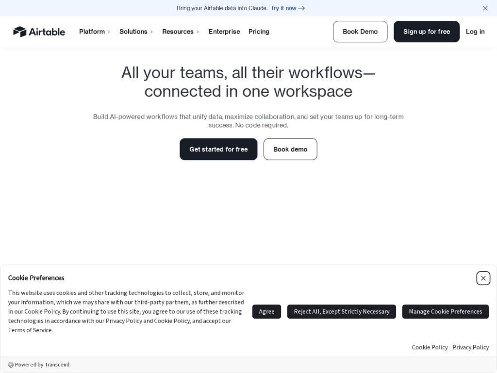 Airtable’s homepage — the app platform that starts as a spreadsheet