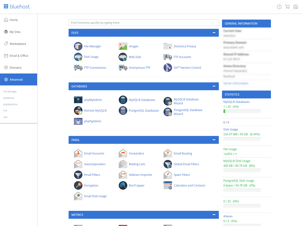 Bluehost dashboard