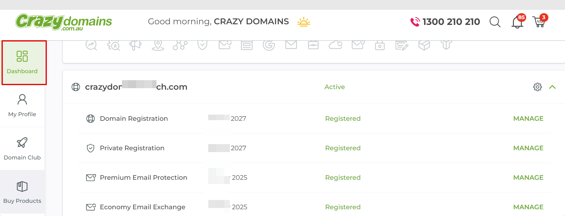 Crazy Domains dashboard