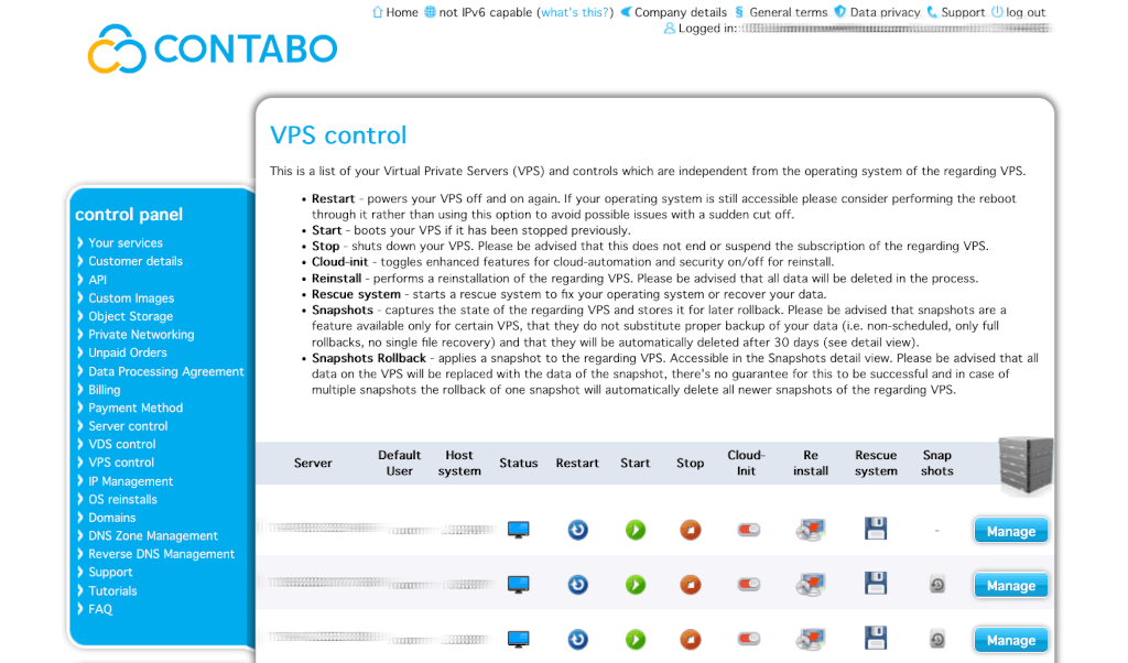 Contabo dashboard