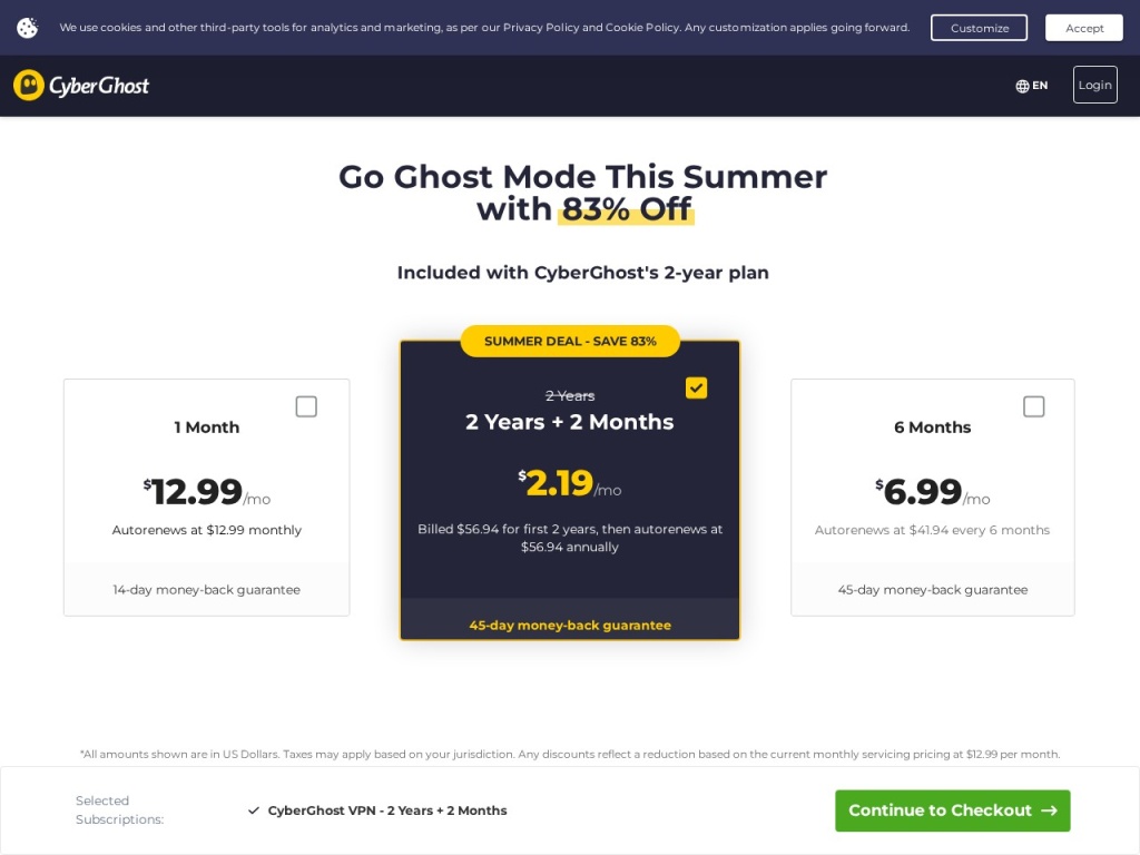 CyberGhost’s term-based pricing tiers