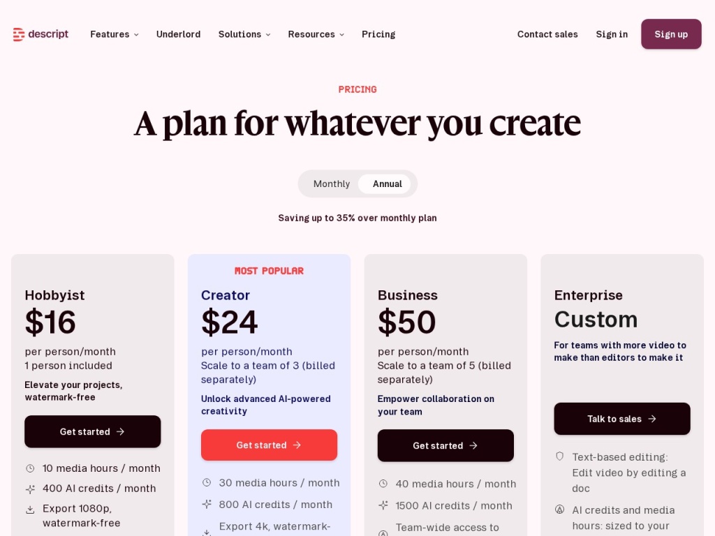 Descript pricing tiers and transcription-hour quotas