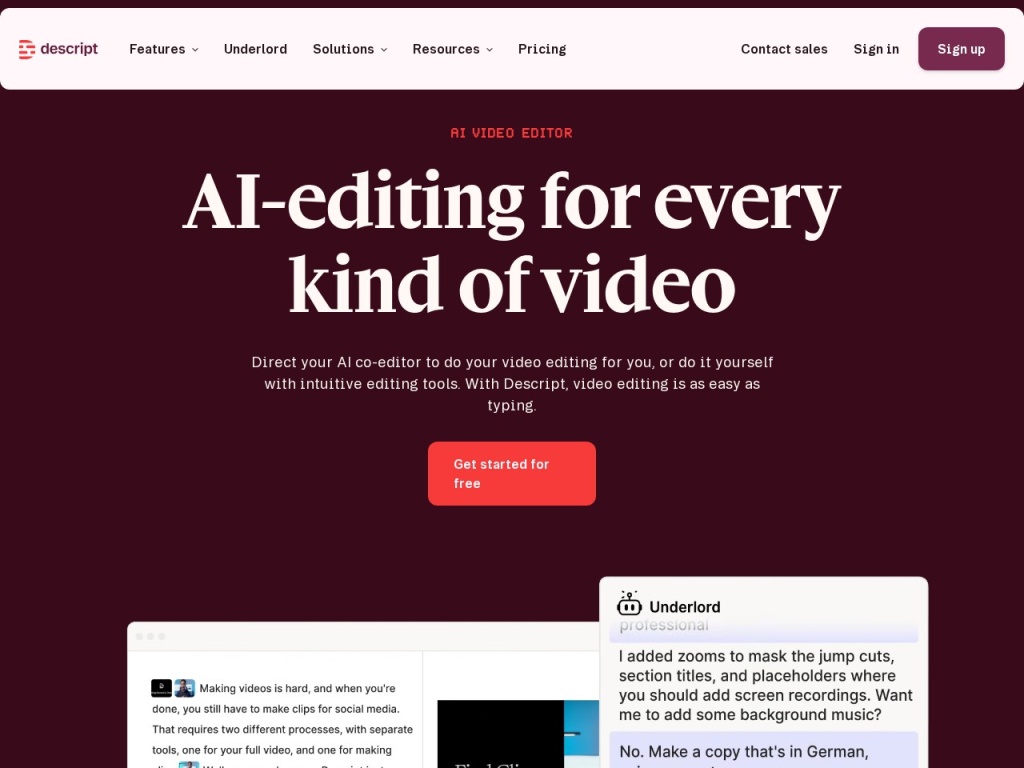 Descript homepage — edit video and podcasts like a document