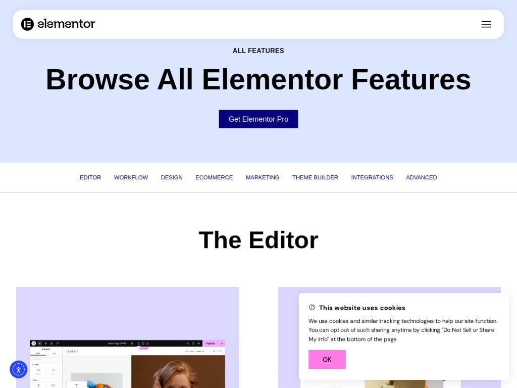 Elementor’s feature overview — editor, Theme Builder and AI