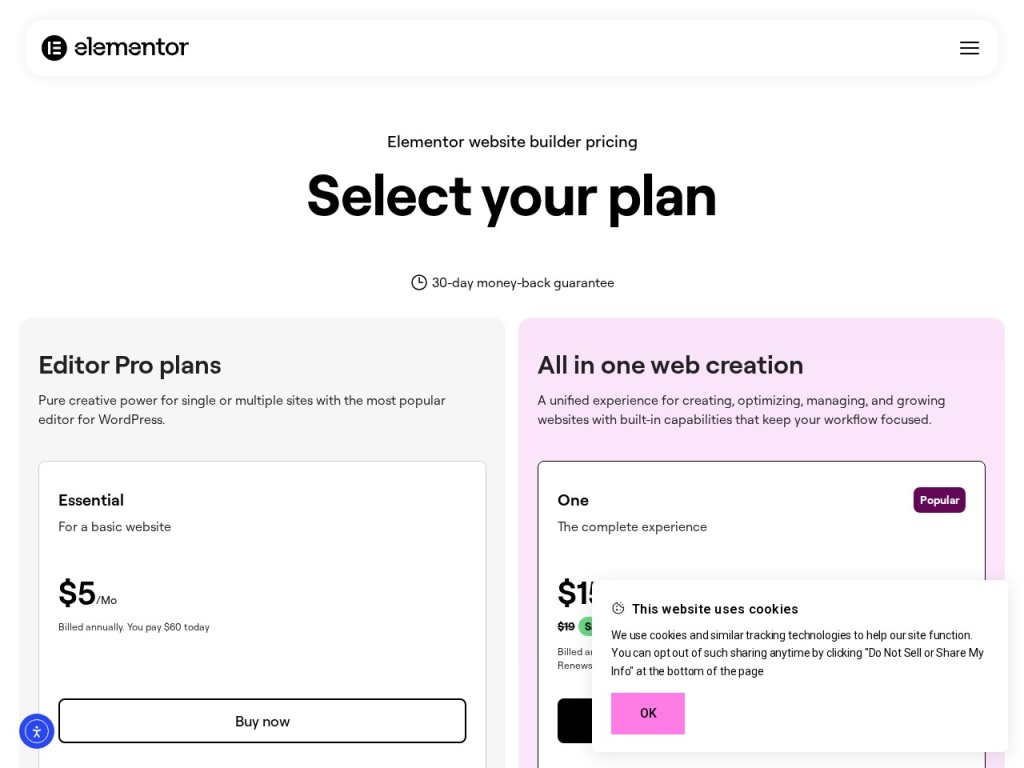 Elementor Pro pricing tiers by site count