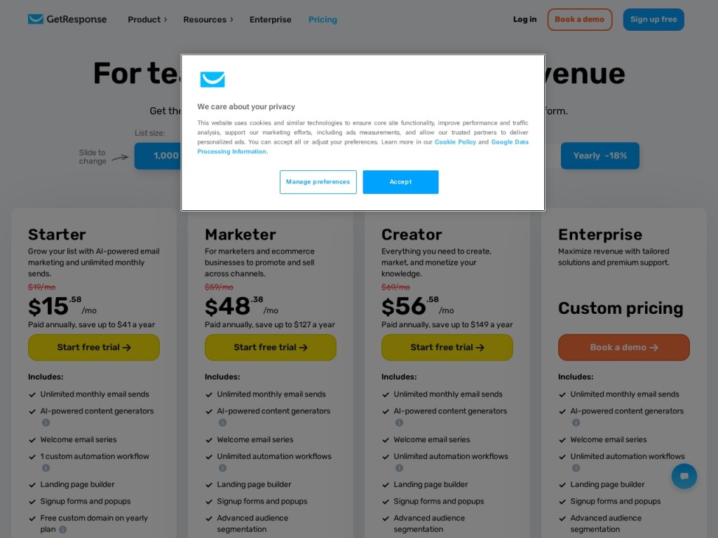 GetResponse pricing tiers scale with contact count