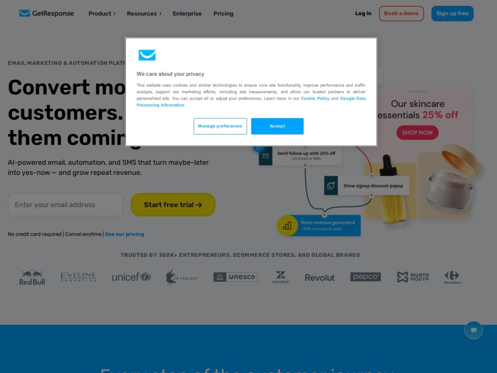 GetResponse homepage — email, automation and webinars in one suite