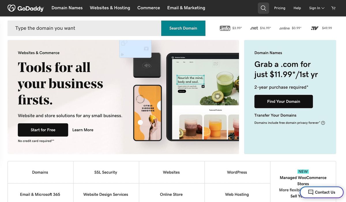 GoDaddy’s homepage — the biggest catalog in the business, and it wants you to know it