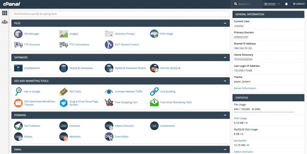 Greengeeks dashboard