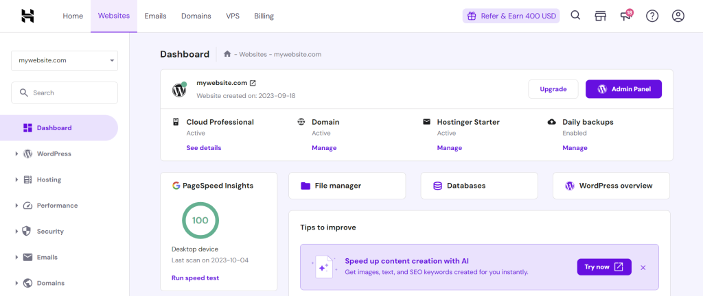 Hostinger dashboard
