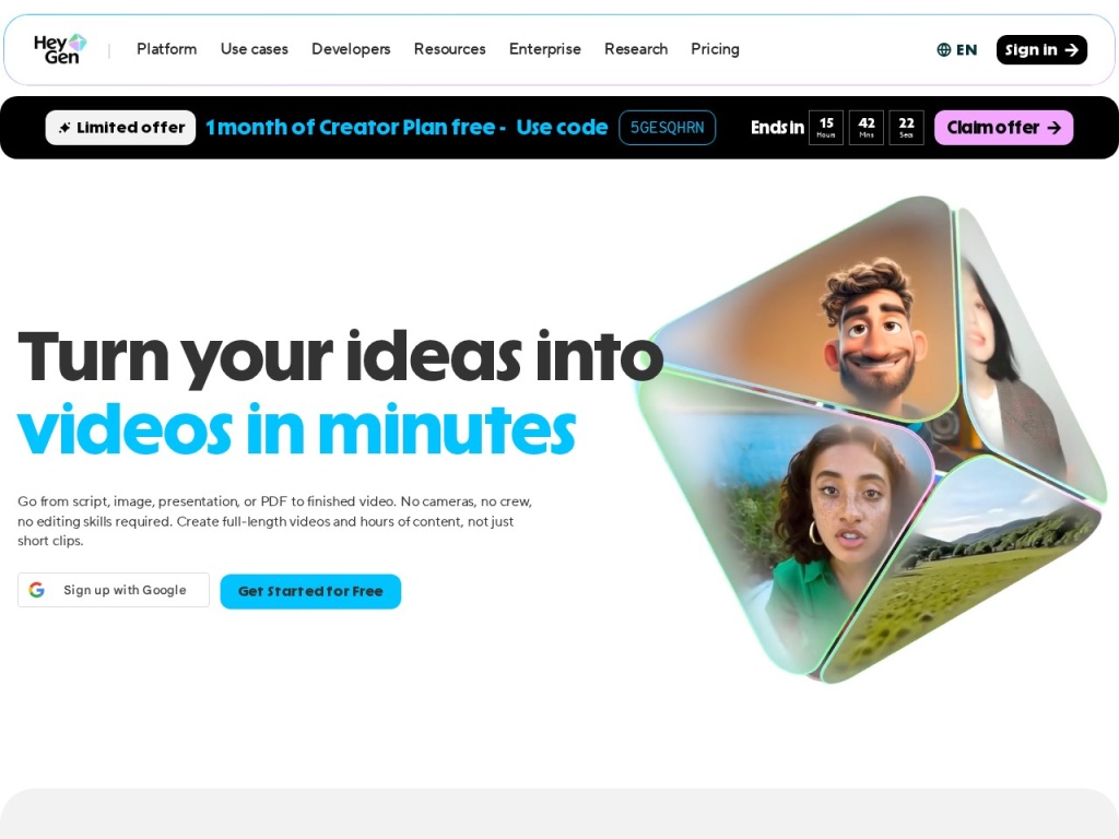 HeyGen homepage — avatar video from a script in minutes
