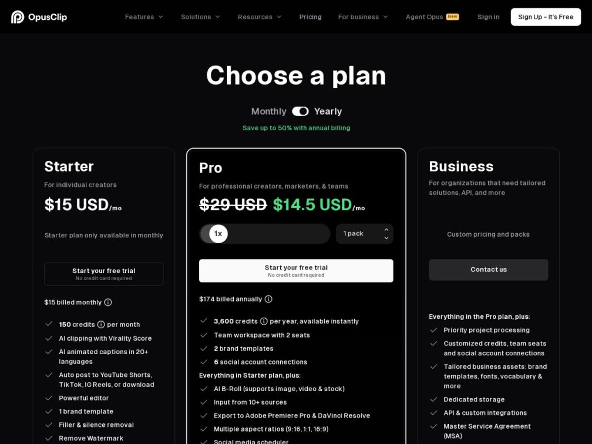 Opus Clip pricing / plans
