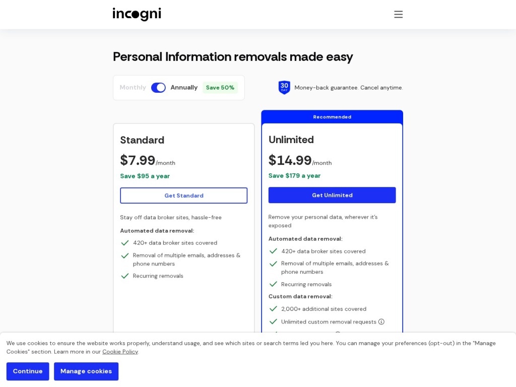 Incogni pricing — standard and Unlimited tiers
