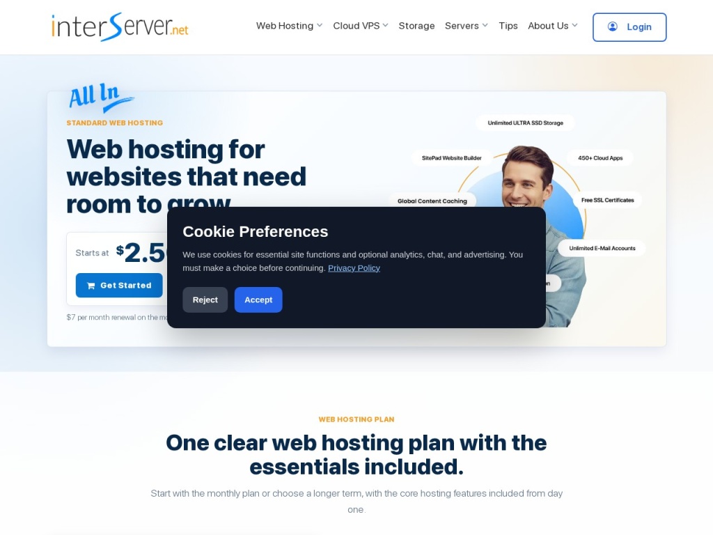 InterServer’s Standard web hosting plan and inclusions