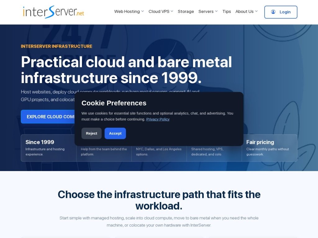 InterServer homepage with its flat-price hosting pitch