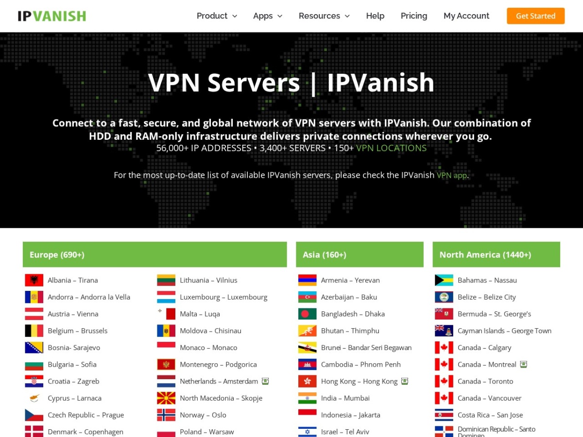 IPVanish VPN server list