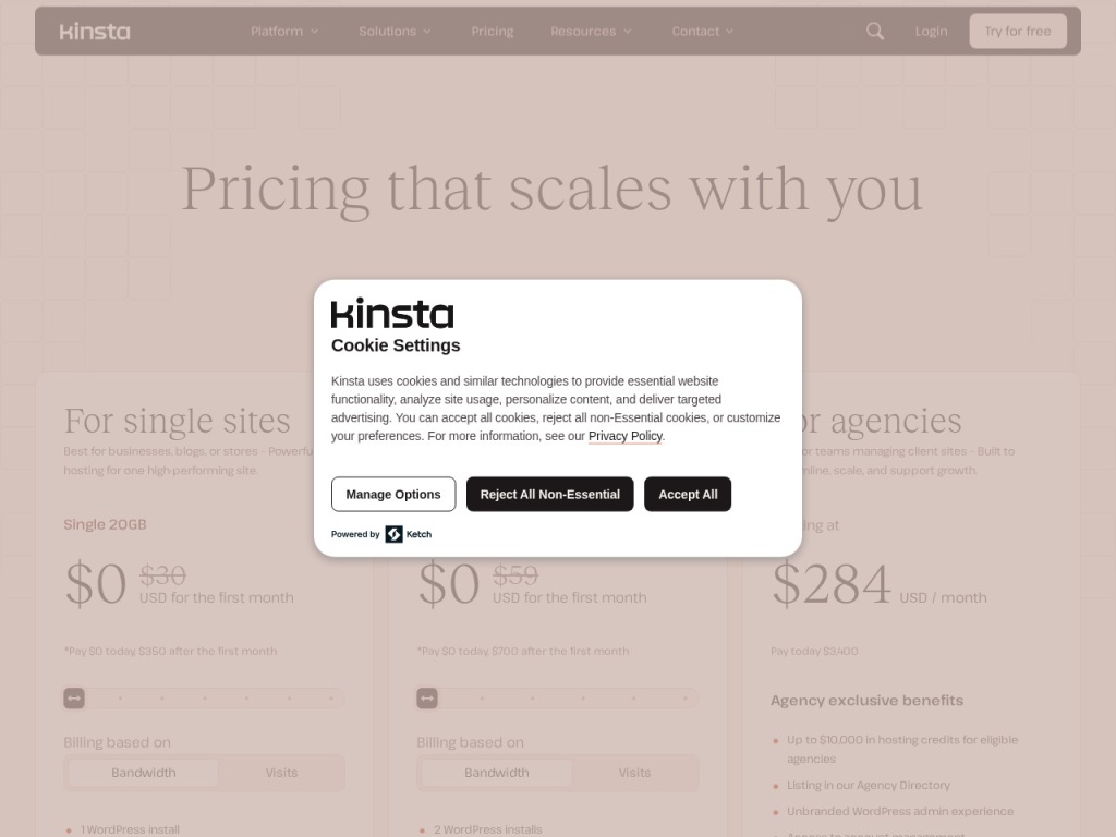 Kinsta’s plan lineup — visits-based tiers from starter to enterprise