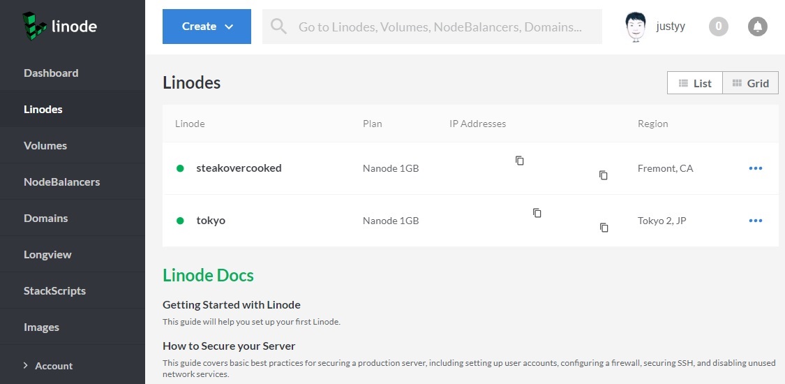 Linode dashboard