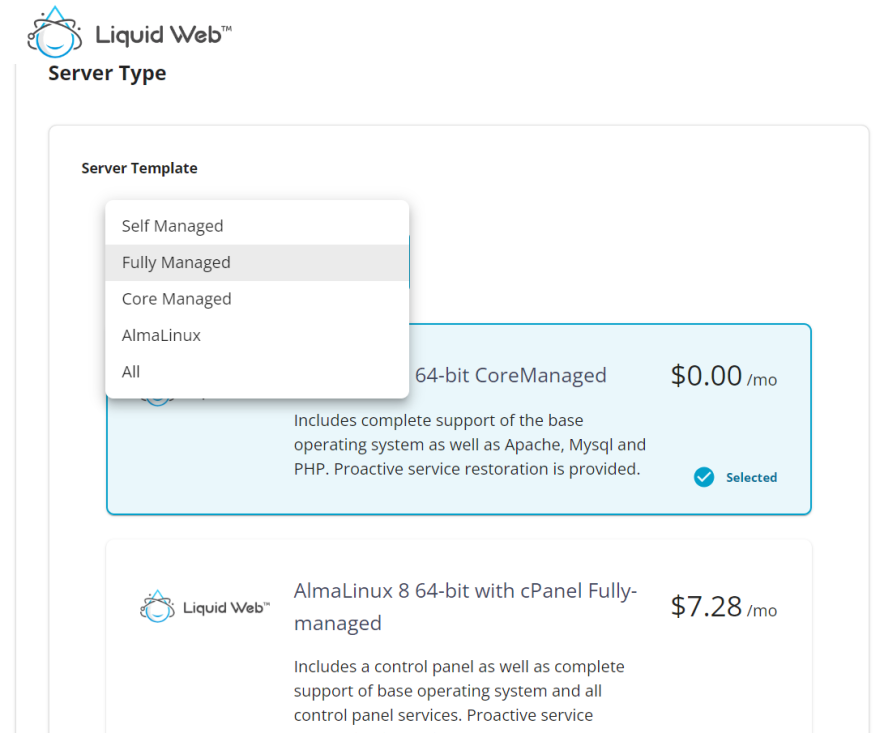 Liquid Web dashboard