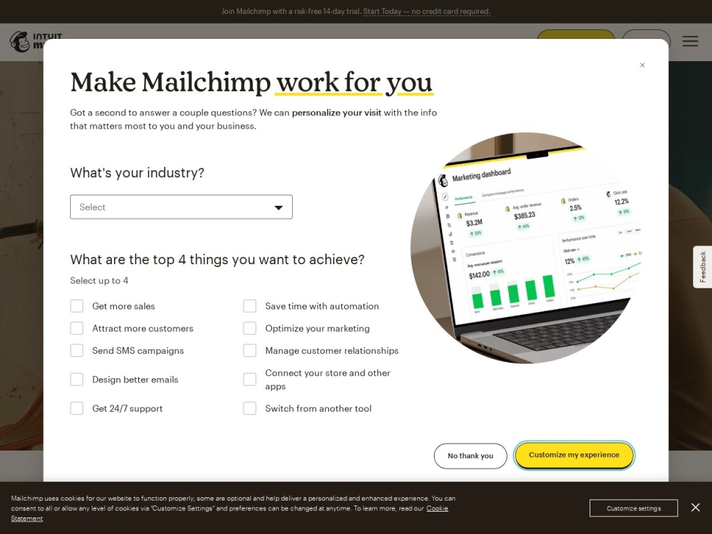 Mailchimp’s homepage — the most recognizable name in email, with the largest template and integration ecosystem