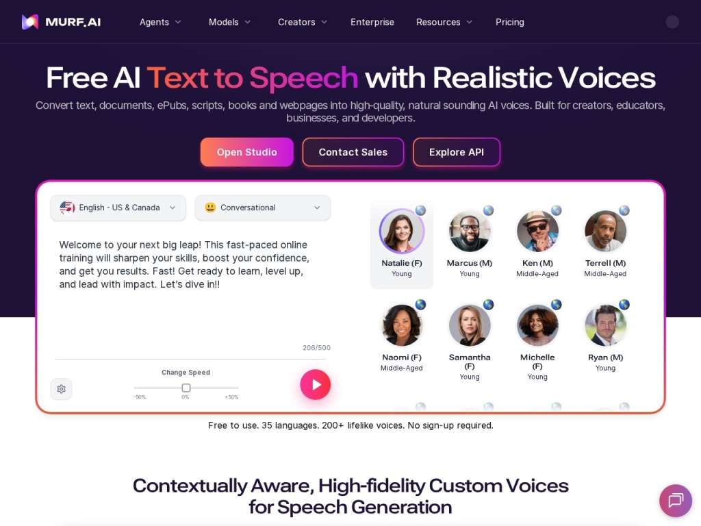 Murf’s text-to-speech catalog spans 120+ voices across 20+ languages