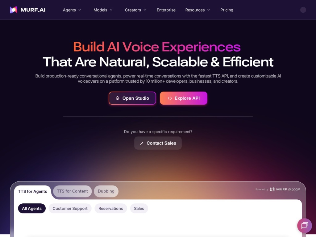 Murf’s homepage — an AI voiceover studio aimed at production teams