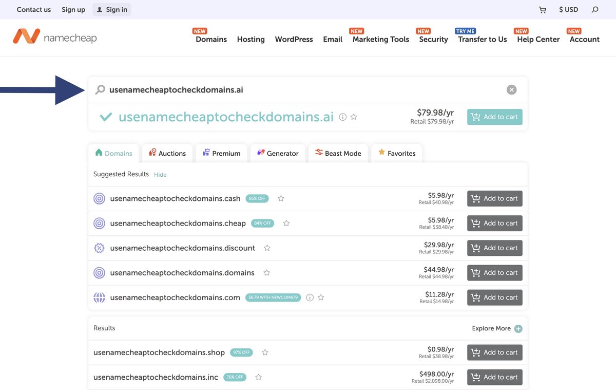 Namecheap’s homepage — pricing and free WHOIS privacy up front