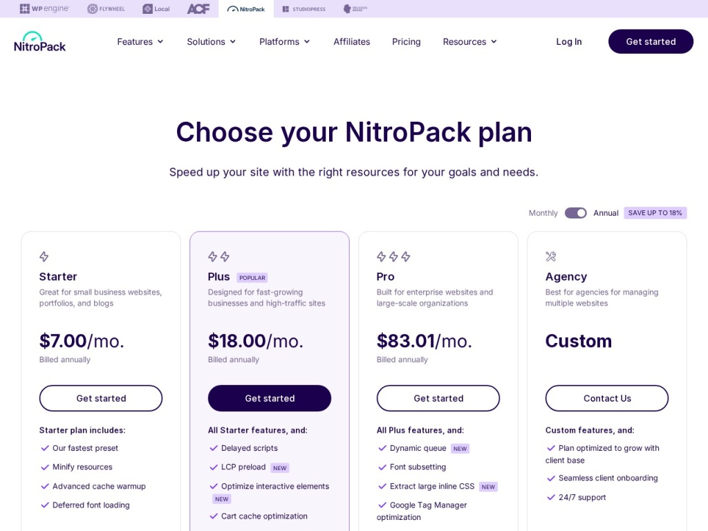 NitroPack’s pageview-based pricing tiers