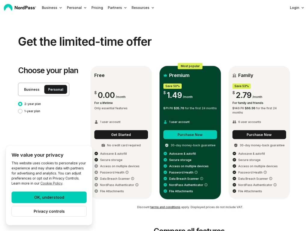 NordPass plans page — Free, Premium and Family tiers