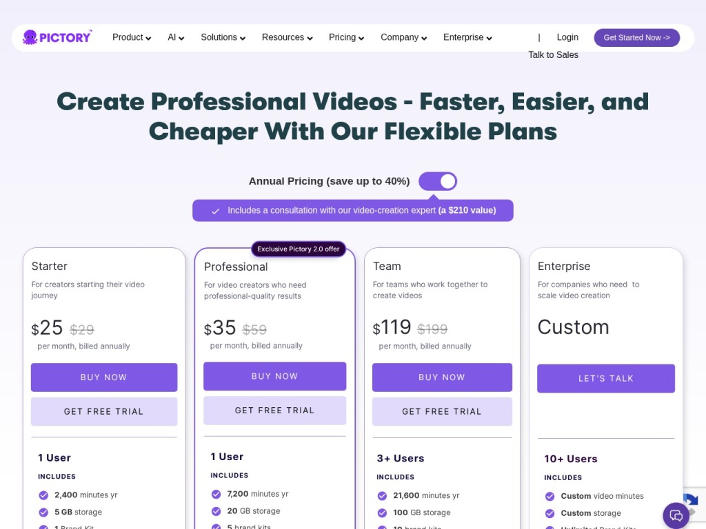 Pictory’s tiers are separated mainly by monthly video quotas — count your real output first
