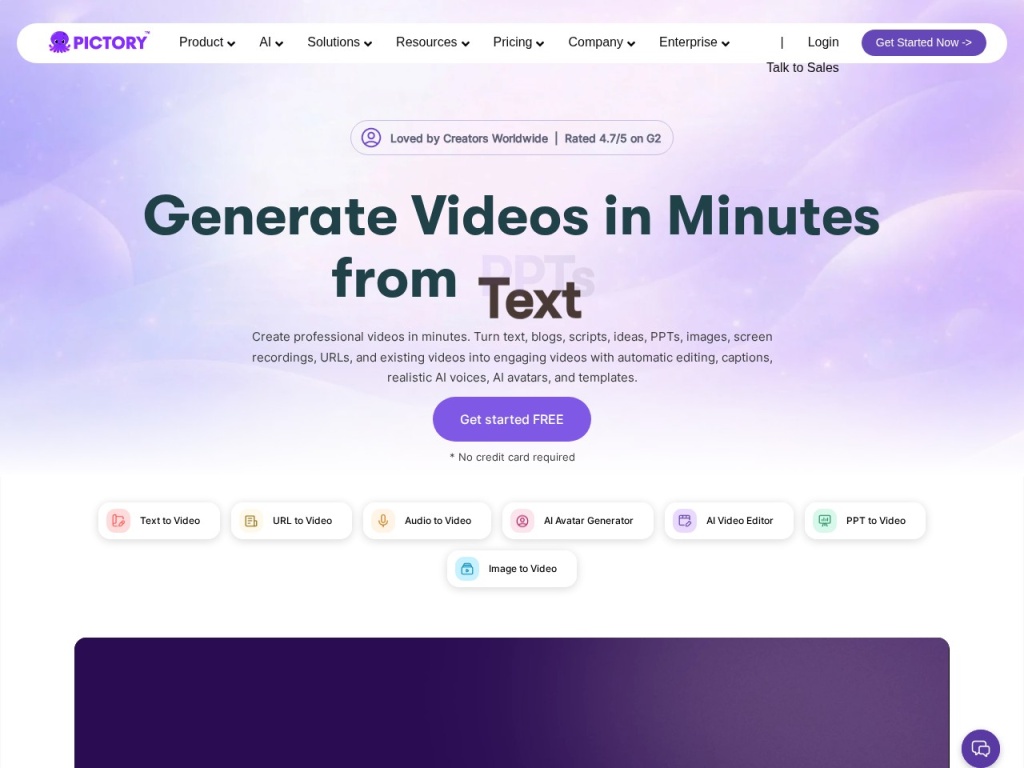 Pictory’s homepage — turning scripts and blog posts into video automatically