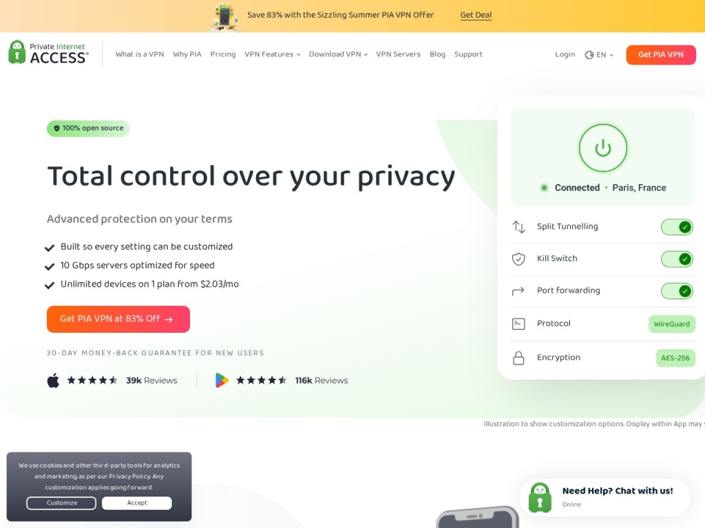 Private Internet Access homepage and its court-proven no-logs pitch