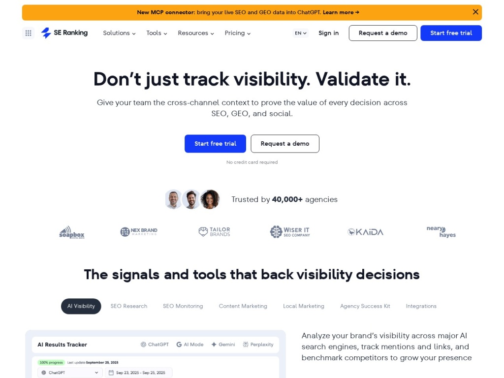 SE Ranking’s homepage pitches the full SEO toolkit at a mid-market price
