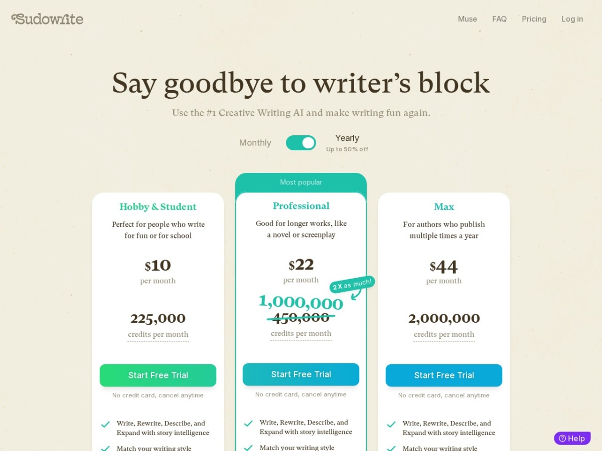 Sudowrite pricing