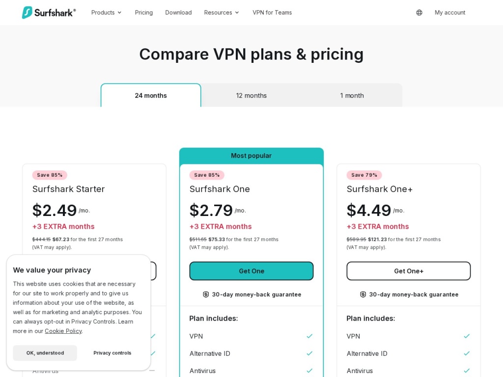 Surfshark’s tiered bundles — the One plan adds antivirus and identity tools cheaply