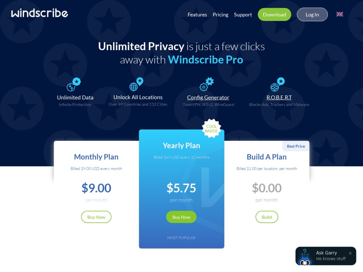 Windscribe VPN pricing and Build-A-Plan