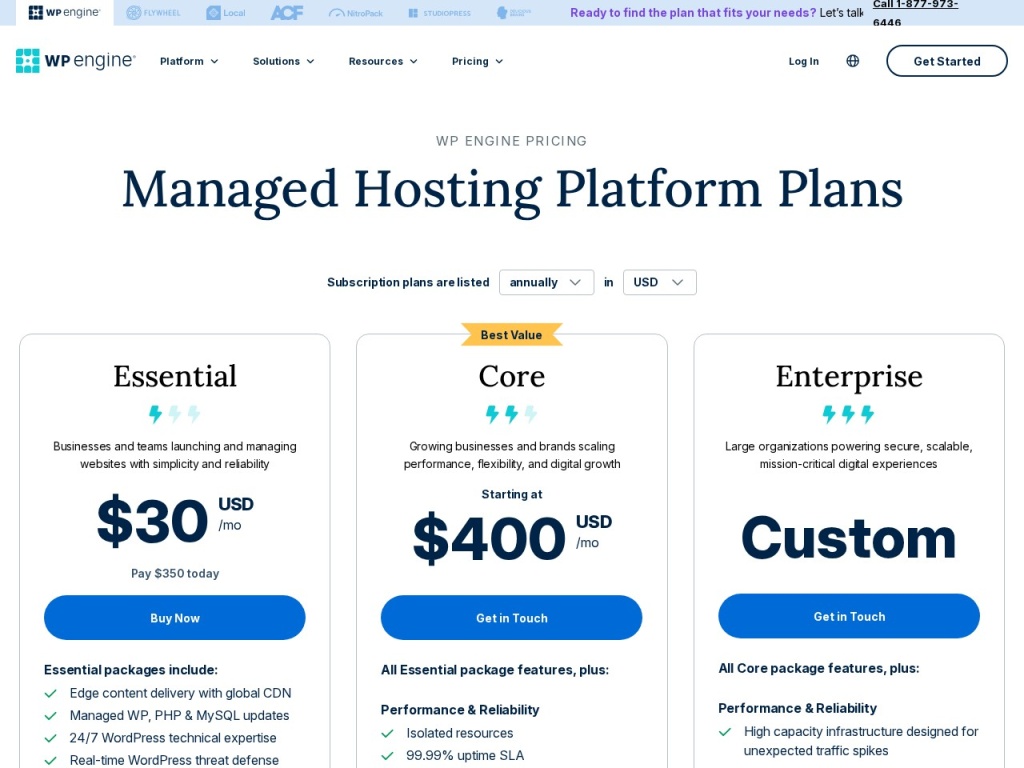 WP Engine’s plan lineup — visits-based tiers with bundled developer tooling
