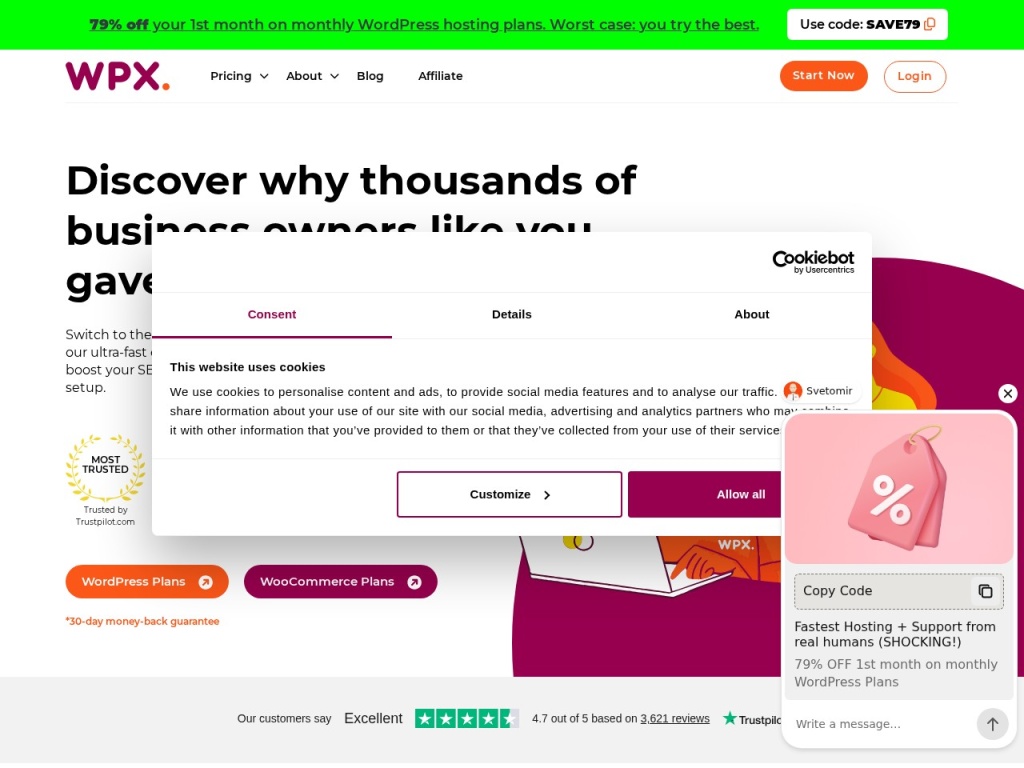 WPX Hosting homepage with its speed-first positioning