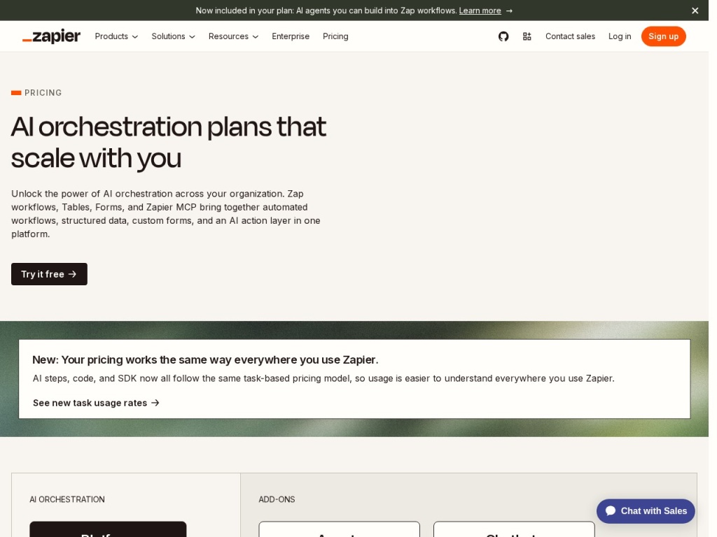 Zapier’s pricing page — plans are tiered by monthly task volume